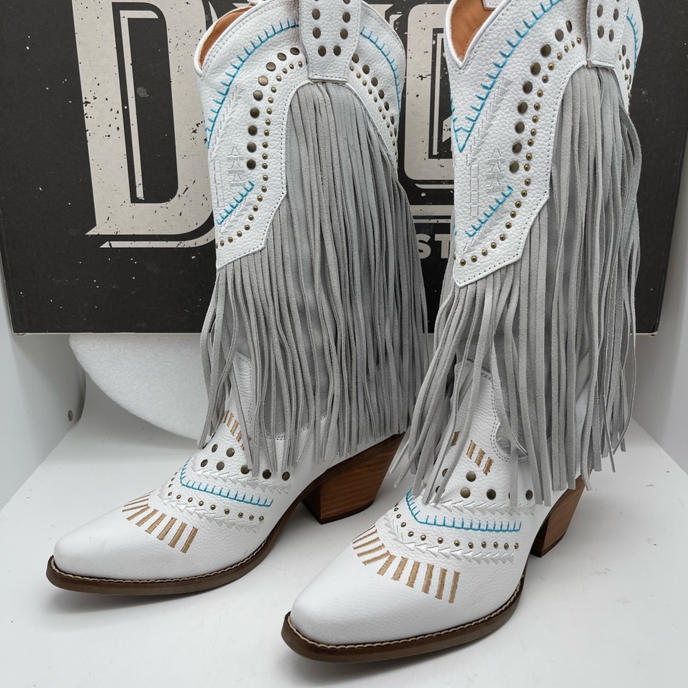 White and Gray Fringe Western Boots
